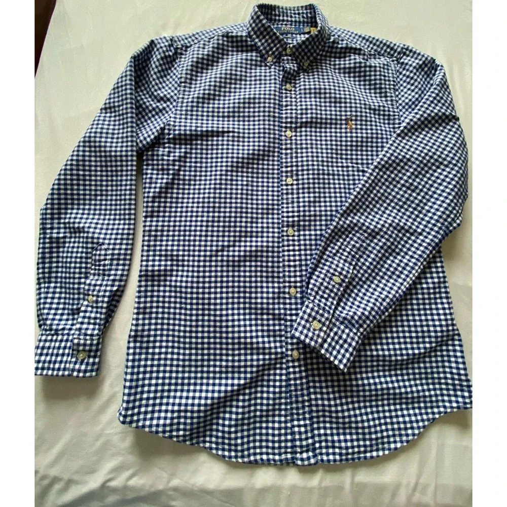 Polo Ralph Lauren Slim Fit Large Gingham Oxford Shirt Navy White Tan Pony s39